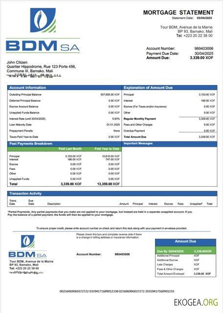 Modèle Word et PDF de relevé hypothécaire de la Banque du Développement du Mali (BDM) du Mali